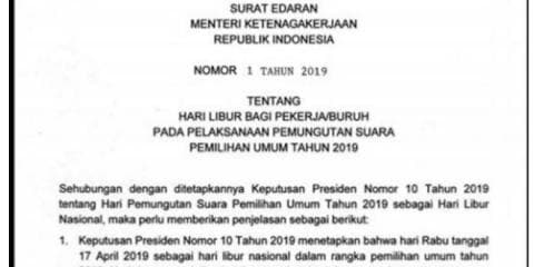 Menaker Terbitkan Surat Edaran Hari Libur Pemilu 2019