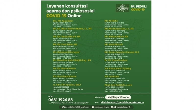 Atasi Kecemasan Pandemi Corona, PBNU Layani Konsultasi dan Psikososial Online